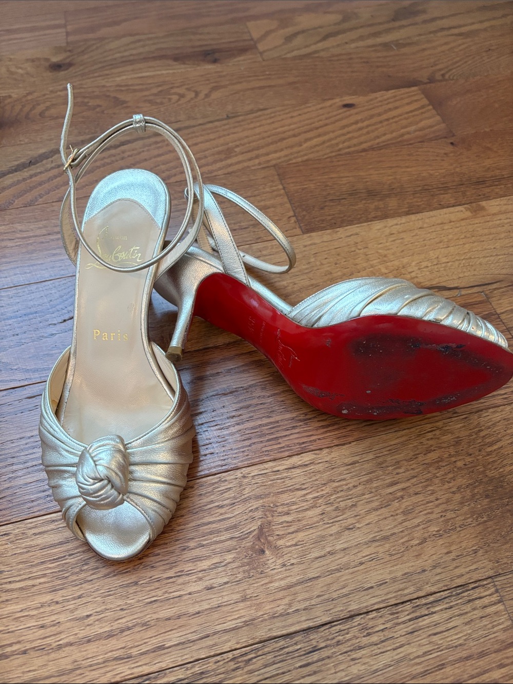 Christian Louboutin Metallic Gold Knotted Open-Toe Ankle-Strap Heels